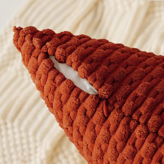 Kevin Textile Fall 14x36 Inch Long Lumbar 1 Pack Boho Decorative Throw Pillow Cover Soft Striped Corduroy Rectangle Cushion Case Farmhouse Solid Accent for Living Room Couch Sofa Bed, Burnt Brick