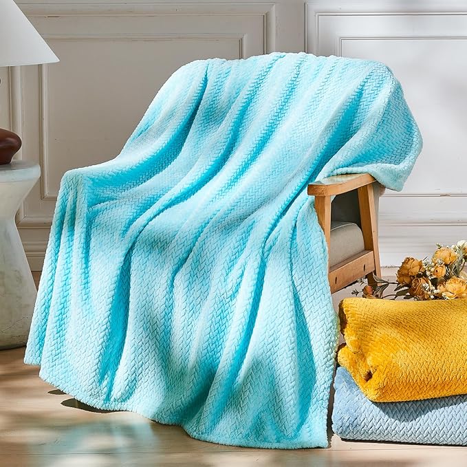 NEWCOSPLAY Super Soft Queen Blanket Turquoise Premium Silky Flannel Fleece Leaves Pattern Lightweight Bed Blanket All Season Use (Turquoise, Queen(90"x90"))