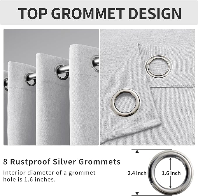 Easy-Going Linen Look Blackout Curtain 108 Inch Length Grommet Window Curtain Drapes for Bedroom, Living Room Thermal Insulated Room Darkening (Set of 2 Panels, Greyish White)