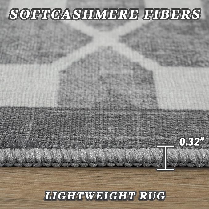 Washable Area Rug 8x10, Non-Slip Rugs for Living Room Bedroom, Low Pile Large Soft Alfombras, Modern Bordered Home Floor Rugs for Kids Playroom Office Dining Room Farmhouse, Light Grey