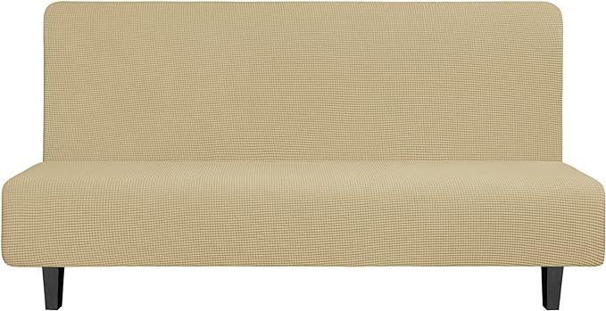 Easy-Going Stretch Futon Slipcover Armless Futon Bed Cover Furniture Protector Without Armrests with Elastic Bottom for Kids, Soft Jacquard Fabric Small Checks (Large, Beige)