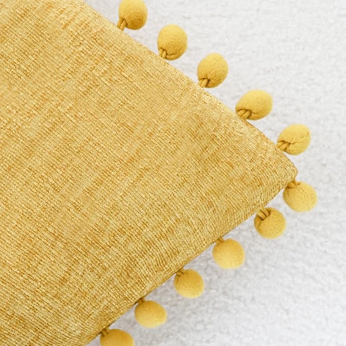 CaliTime Throw Pillow Covers Decorative 22 X 22 Inches Pack of 2 Cozy Solid Dyed Soft Chenille Cushion Cases with Pom Poms for Couch Sofa Bed Living Room Home Gold