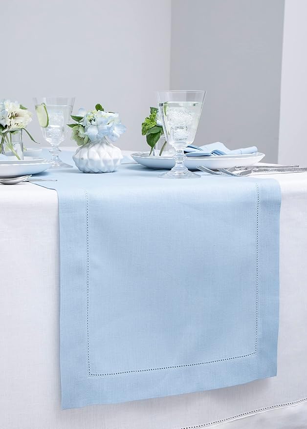 Solino Home Sky Blue Table Runner 90 Inches Long - 100% Pure Linen Hemstitch 14 x 90 Inch Table Runner for Dining, Holiday, Christmas, New Year - Classic Hemstitch