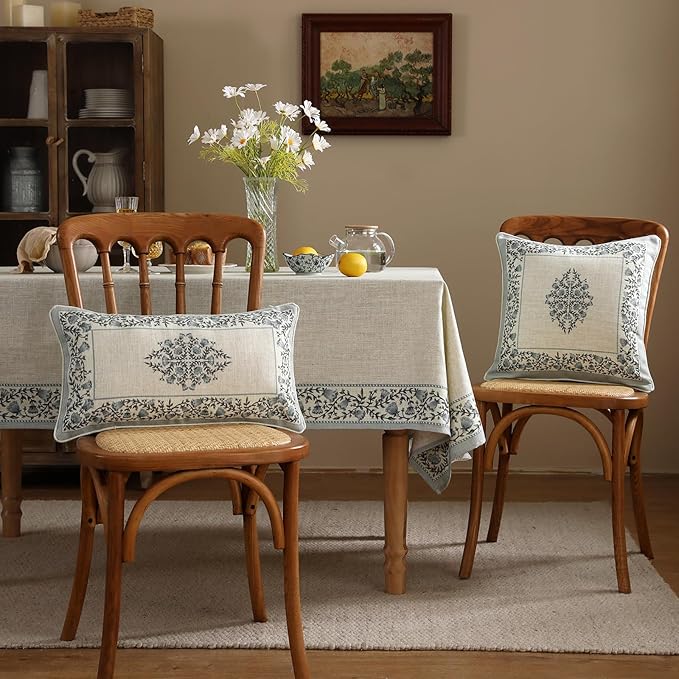 ISAENNE Design Linen Rectangle Throw Pillow Covers 12"x20" Pack of 2, Cottage Farmhouse Cushion Covers with Blue Grey Thorn Vine Pattern Decoration Pillowcases for Bed, Living Room, Outdoor, Car