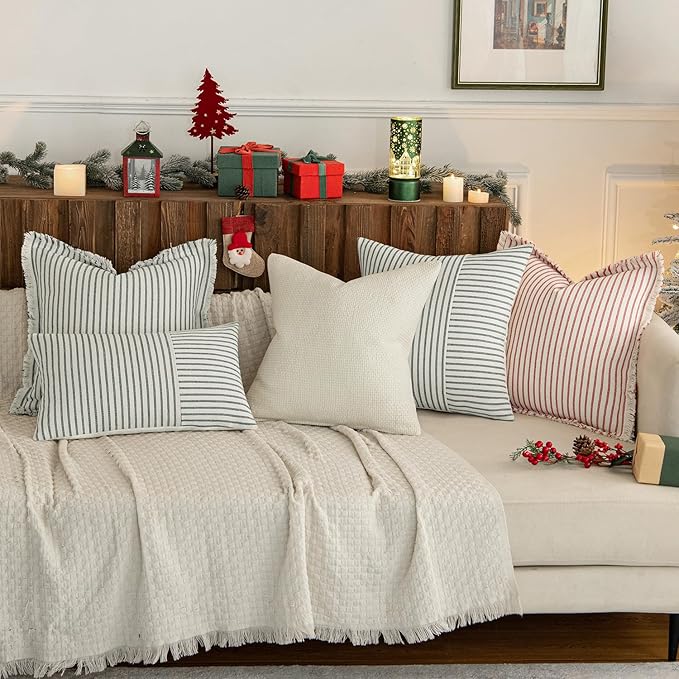 MIULEE Pack of 2 Christmas Red Pillow Covers 20x20 Inch Striped Farmhouse Couch Throw Pillow Covers with Fringe Chic Linen Decorative Cushion Covers for Sofa Living Room Bed Outdoor Home Decor