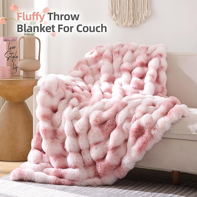 Smoofy Faux Fur Throw Blanket for Couch Rabbit Fleece - Tie-dye Pink Fluffy Blanket for Sofa Bedroom Living Room, Cozy Soft Plush Luxury Thick Winter Fuzzy Comfy Bubble Blanket - 60" x 80"