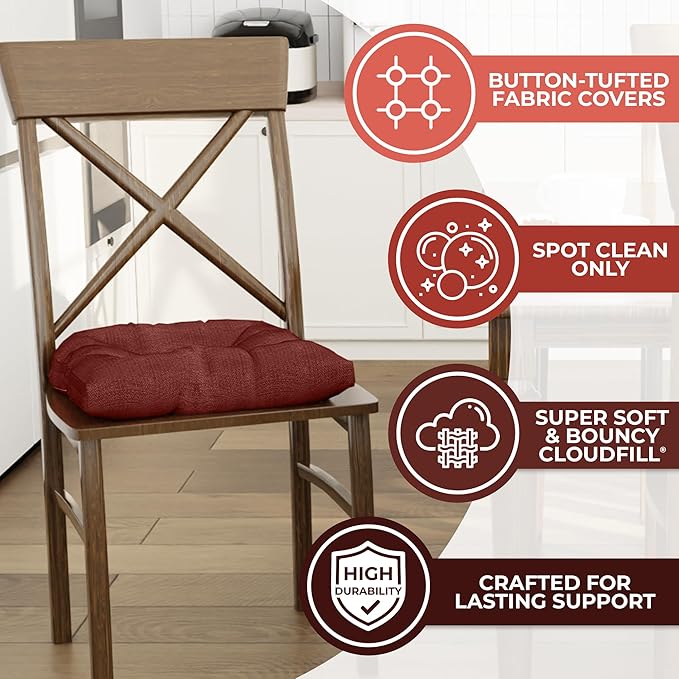 Klear Vu Gripper Overstuffed Universal Non-Slip Dining Chair Cushions for Kitchen Decor or Office Use, U-Shaped Skid-Proof Seat Pad, 17x17 Inches, 2 Count (Pack of 1), Solid Flame