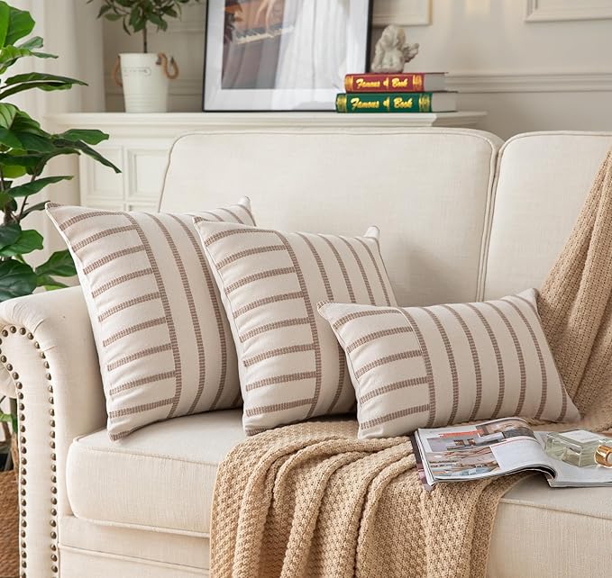 Caflife Boho Throw Pillow Covers 12x20 Set of 2 Soft Farmhouse Decorative Couch Pillow Cases Beige Striped Pillow Covers Neutral Cushion Covers for Sofa Bed Living Room Home Decor