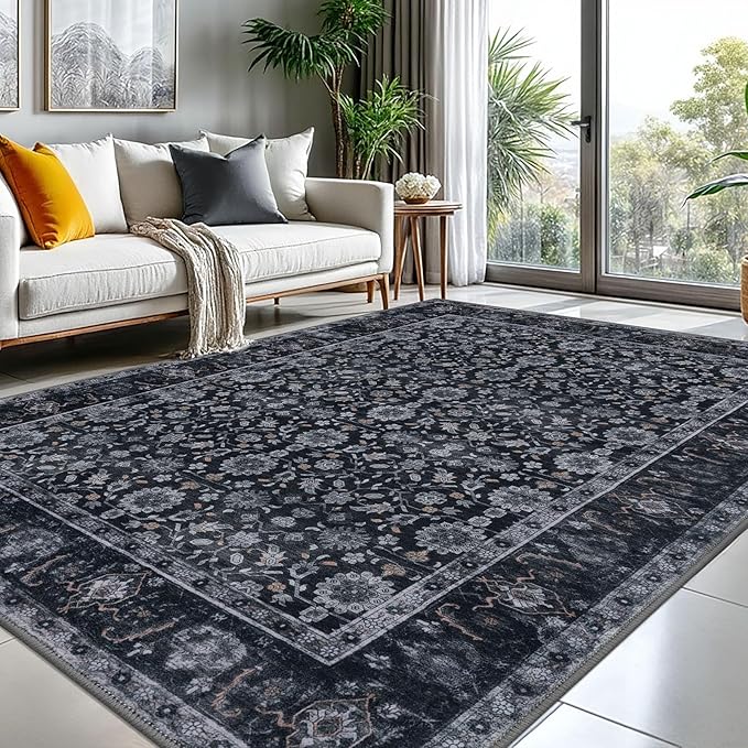 KUTA Vintage 8x10 Area Rugs for Living Room, Washable Large Rug for Bedroom 8ft x 10ft Non-Slip, Black Grey Orange Ultra Thin Soft Printed Traditional Floral Distressed Dining Room Low-Pile Carpet