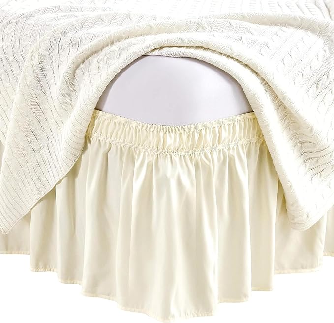Ivory Wrap Around Bed Skirts with 16" Drop - Three Sides Fabric Adjustable Elastic Dust Ruffle Silky Soft -600 TC Stretchy Bed Skirt-Full(54"X 75") Ivory