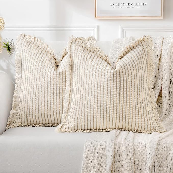 MIULEE Pack of 2 Khaki Pillow Covers 22x22 Inch Striped Farmhouse Couch Throw Pillow Covers with Fringe Chic Linen Decorative Cushion Covers for Sofa Living Room Bed Outdoor Home Decor