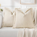 MIULEE Pack of 2 Khaki Pillow Covers 20x20 Inch Striped Farmhouse Couch Throw Pillow Covers with Fringe Chic Linen Decorative Cushion Covers for Sofa Living Room Bed Outdoor Home Decor