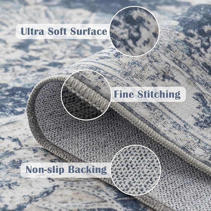 jinchan Fiora Hallway Runner Rug 3x8 Washable Runner - Vintage Floral Non Slip Low-Pile Soft Thin Faux Wool Kitchen Rug Distressed Carpet for Farmhouse Bedroom Laundry Room(3x8ft, Dark Blue)
