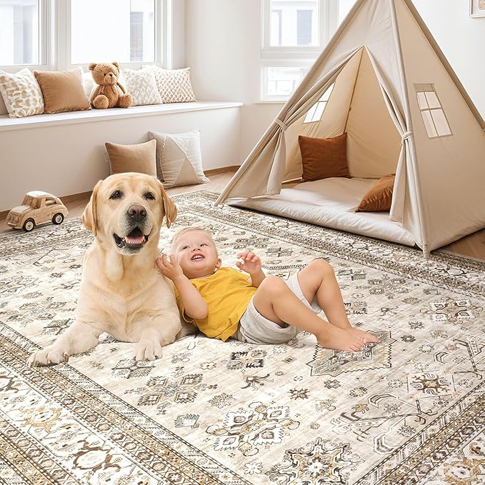 Vintage Living Room Area Rug 5x8 - Large Soft Washable Oriental Traditional Distressed Farmhouse Rugs for Bedroom - Indoor Floor Accent Carpet for Home Office House Decor - Beige