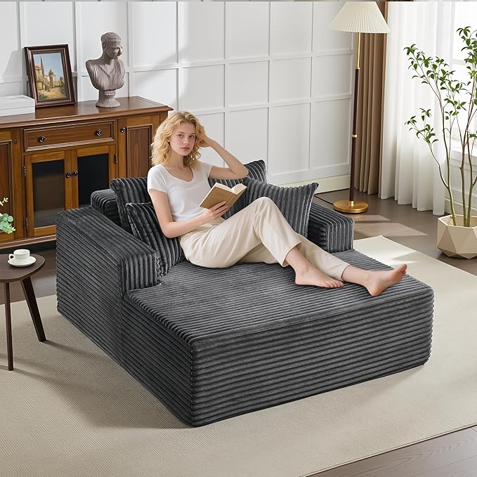 Oversized Chaise Lounge Chair Indoor, Boneless Couch Cloud Fluffy Chaise Lounges Corduroy Upholstered Sofa Bed w/Throw Pillows for Living Room Home Grey