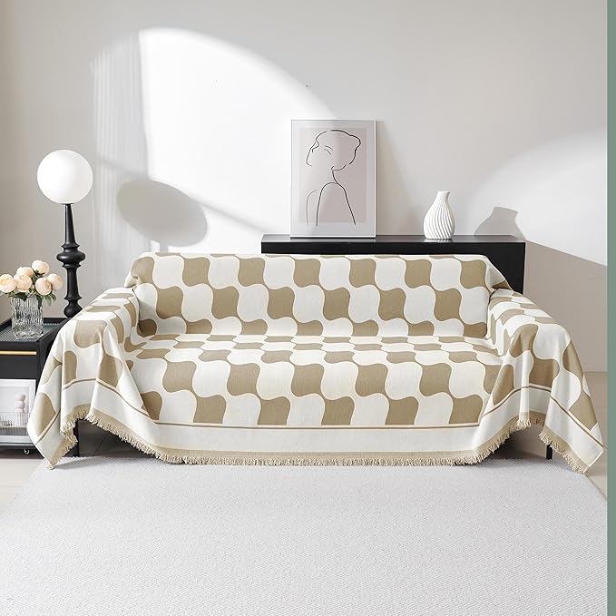 MEETSKY Oversized Sofa Cover Couch Cover for Sectional Sofa, Modern Jacquard Sofa Slipcover Loveseat Futon Cover, Pet Couch Cover Washable Couch Protector, Khaki Checkerboard