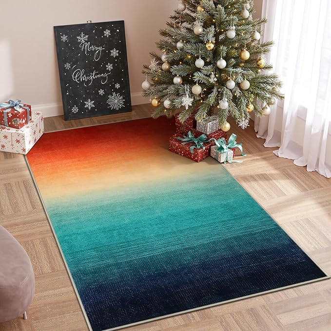 Wonnitar Modern Colorful Christmas Area Rug 4x6, Abstract Ombre Living Room Rug, Washable Soft Rug for Bedroom, Non-Slip Kitchen Low Pile Floor Mat for Bathroom Entry Laundry (Colorful, 4'x6')