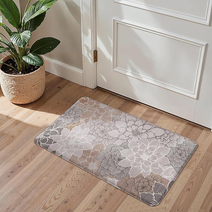 GENIMO Kitchen Mats for Floor, Kitchen Rugs Non Slip Washable Sets of 2, Waterproof Cushioned Anti Fatigue Mat, Floral Runner Rug for Laundry, Sink, Office, Home, 17.3"x59"+17.3"x30", Taupe Grey