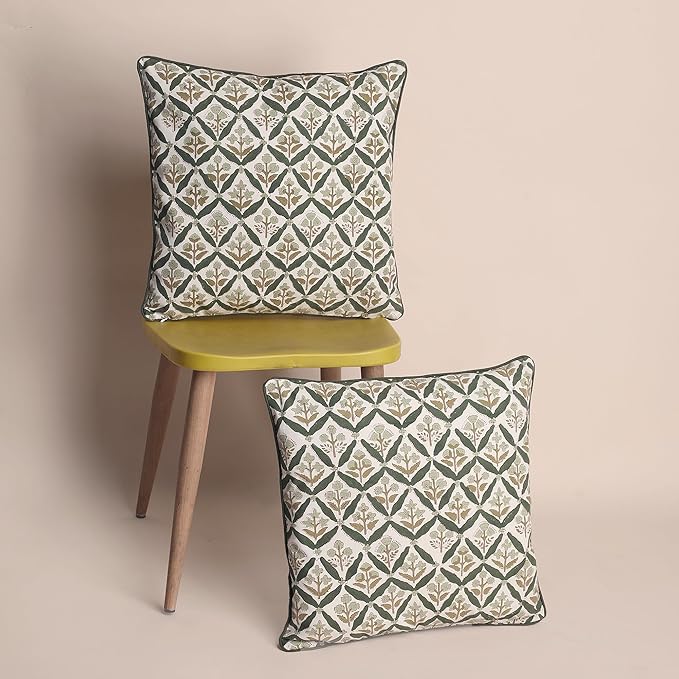 SheetKart Pure Cotton Throw Pillow Covers - Set of 2 - Hand Block Pure Cotton Printed Boho Decorative Pillow Covers - Cushion Covers for Living Room, Bohemian Theme, 19 x 19 Inches, Sagewood Olive
