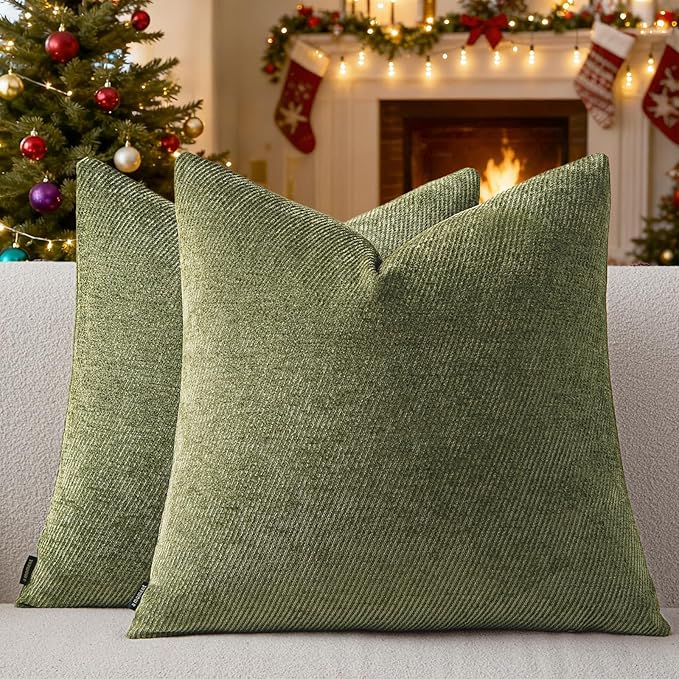 a moment Pack of 2 Christmas Decorative Chenille Throw Pillow Covers with Twill Cushion Covers for Sofa Living Room Couch Bed 22x22 Inch Moss Green