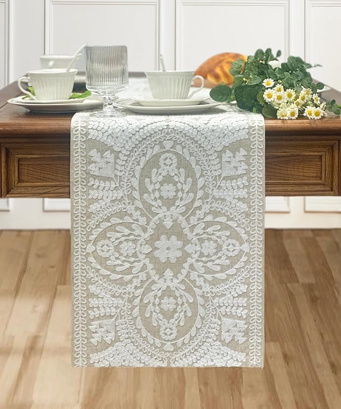 KEVA Boho Table Runner 91inches Long, Farmhouse Rustic Vintage White Embroidered Table Runners 13x91 Inch for Dining Table Decorations