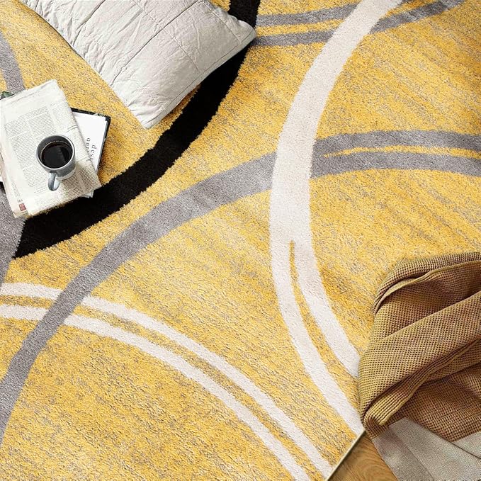 Rugshop Wavy Circles Design Area Rug, Non-Shedding Carpet for Living Room, Bedroom, or Office, Yellow, 6'6" x 9'