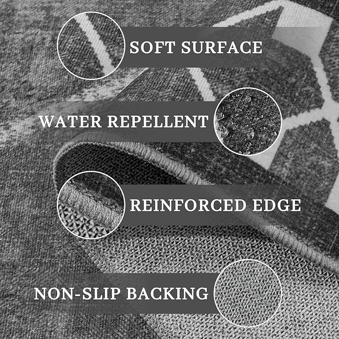 Area Rugs 6x9 Washable Rug, Non-Slip Rugs for Living Room, Low Pile Bordered Rugs Alfombras, Large Print Rubber Backing Indoor Carpet for Home Decor Bedroom Nursery Dining Room, Dark Grey