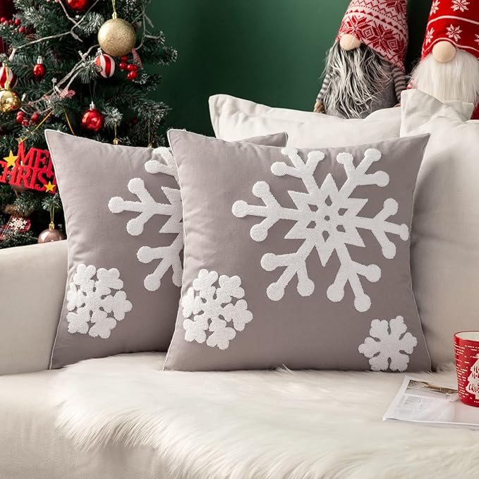 MIULEE Pack of 2 Christmas Decorative Snowflake Throw Pillow Covers Canvas Embroidery Winter Cushion Cases Holiday Decor Soft Pillowcases for Winter Couch Sofa Bedroom Car（Grey, 20x20in）