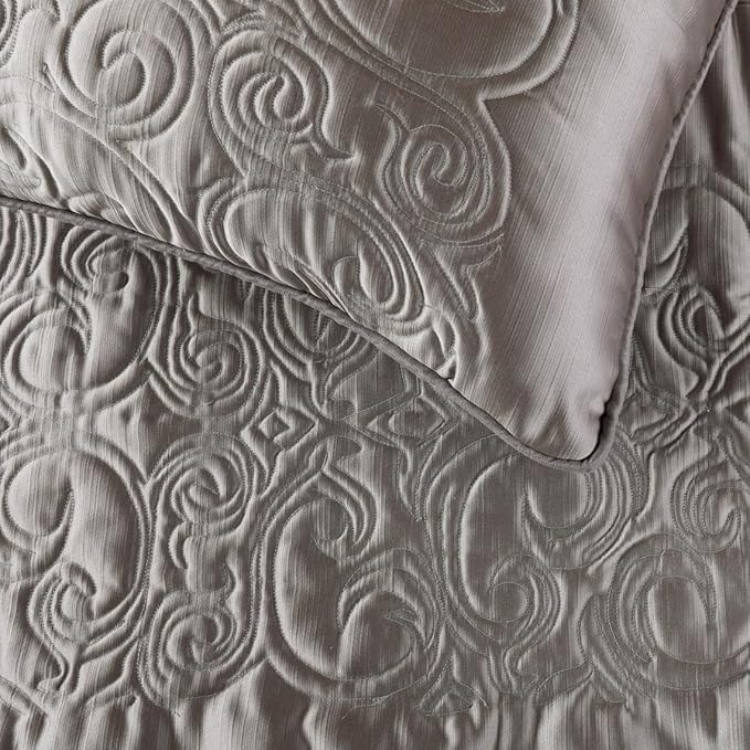 The HomeCentric Decorative Silver Full 68 x 18 inch Bed Runner with 2 Matching Pillow Cover, Satin Quilted Bed Scarf, Abstract Modern - Silver Soft
