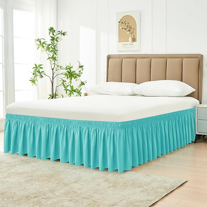 Biscaynebay Wrap Around Bed Skirts for King & Cal King Beds with Short Drop of 12", Aqua Adjustable Elastic Dust Ruffles Easy Fit Wrinkle Resistant Silky Luxurious Fabric Machine Washable