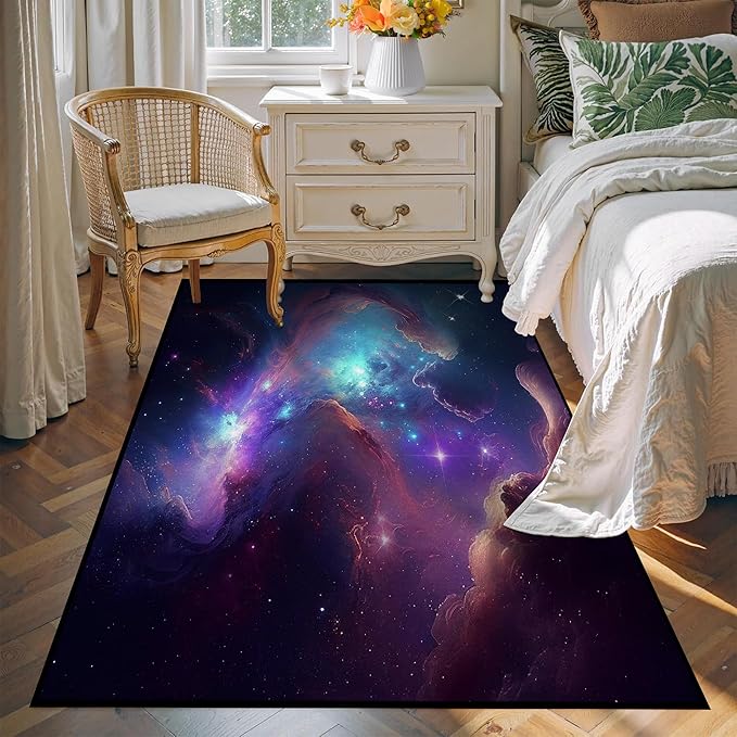 Galaxy Area Rug Bedroom Living Room for Girls Kids Boys Large Carpet Nebula Vortex Throw Rugs Purple Blue Cloud Floor Mat 71 in x 47 in