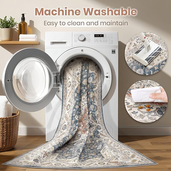 Vintage Living Room Area Rug 10x12 - Large Soft Washable Oriental Traditional Distressed Farmhouse Rugs for Bedroom - Indoor Floor Accent Carpet for Home Office House Decor - Vintage Blue