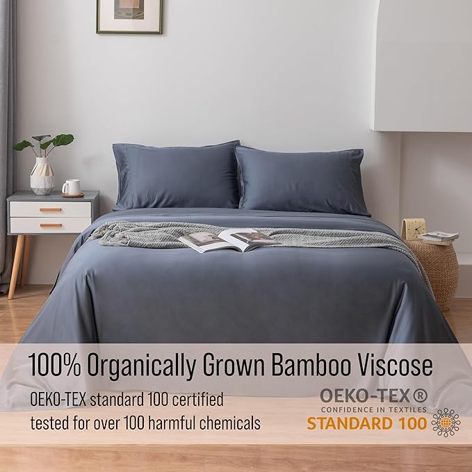 Bella Coterie Luxury Bamboo Viscose Cal King Size Sheet Set | 100% Organically Grown | Ultra Soft | Cooling for Hot Sleepers | 18" Deep Pocket [Slate Blue]