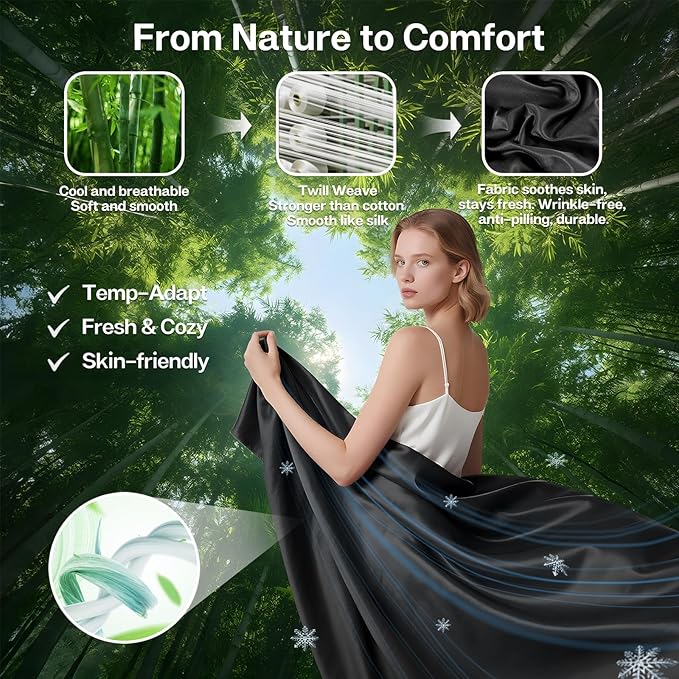 MR&HM Twin Fitted Sheet Only, Ultra-Soft Rayon Derived from Bamboo & Polyester Blend, Silky & Breathable, 15" Deep Pocket with Elastic Straps, Cooling Fitted Sheet for Hot Sleepers, Black