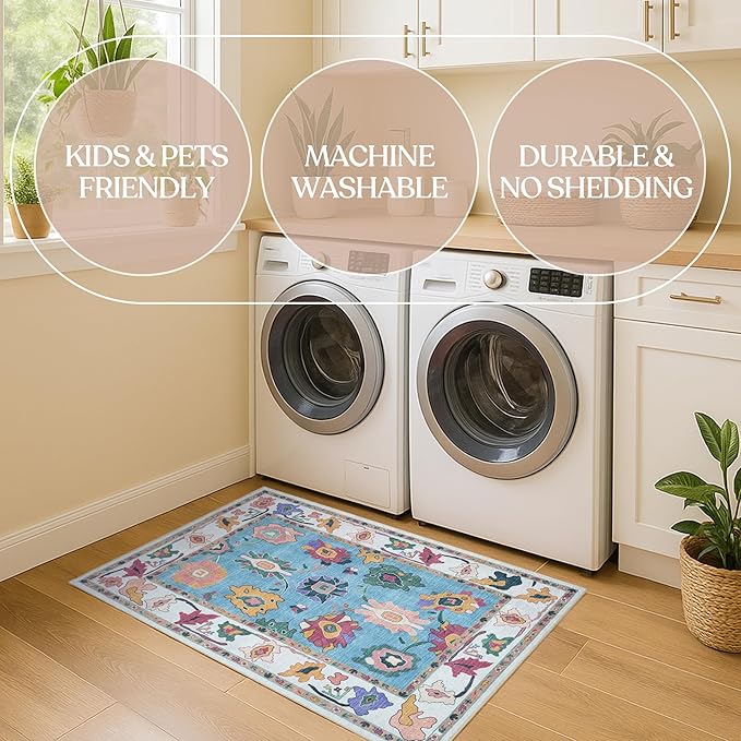 Fame Living Colorful Oushak Runner Rug, Modern Runners, Vintage, Turkish, Eclectic, Floral, Pastel, Washable, Long Runner Rugs for Hallway, Kitchen, Living Room, Bedroom, Kitchen, Bathroom, 2'5"x13'