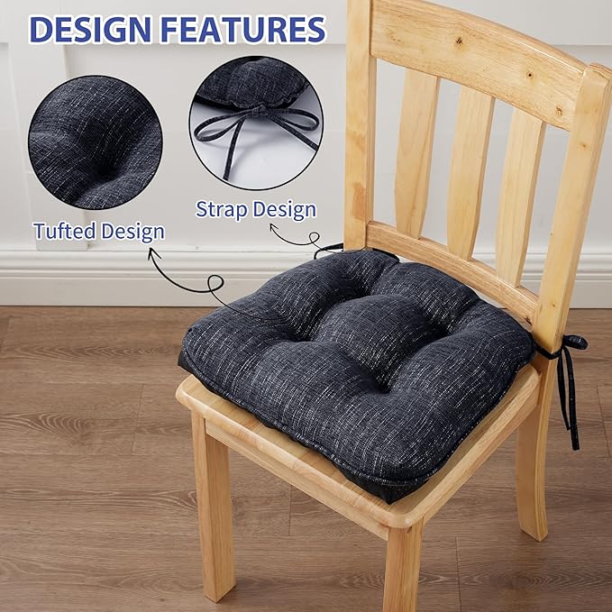 Chair Cushions for Dining Chairs Set of 6, Kitchen Chair Cushions, Chair Pads with Ties and Non Slip Backing, Tufted Memory Foam Seat Cushion 6 Pack, 15.5" x 15.5" x 4", Navy Blue