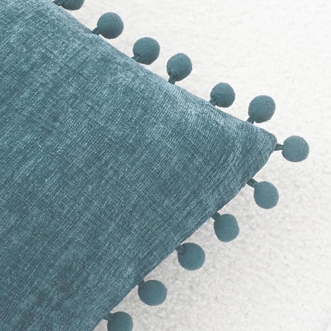 CaliTime Throw Pillow Covers Decorative 20 X 12 Inches Pack of 2 Cozy Solid Dyed Soft Chenille Cushion Cases with Pom Poms for Couch Sofa Bed Living Room Home Smoke Blue
