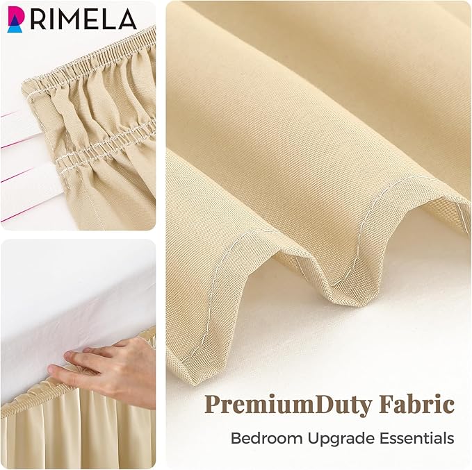 RIMELA Beige White Bed Skirt Queen Size 18 Inch Drop, Elastic Bed Skirting for Bed Base and Frame, Bedding Dust Ruffle Easy to Install, Lightweight Wrap Around Adjustable Bedskirt