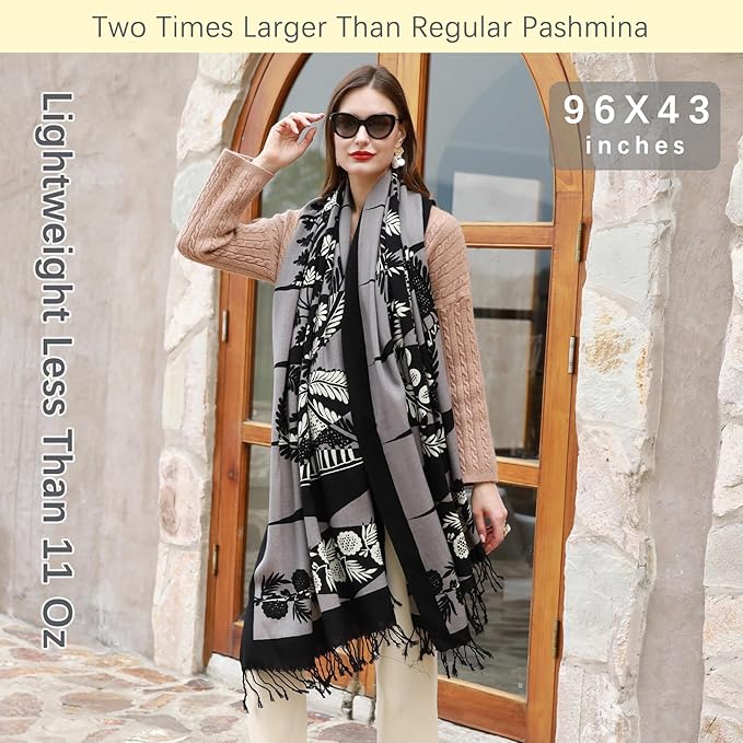 DANA XU 100% Merino Wool Extra Large Pashmina Blanket Travel Scarf Cashmere Wrap for Women Fall Winter Oversize Shawl Floral