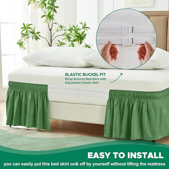 Biscaynebay Wrap Around Bed Skirts for Queen Beds 16" Drop, Sage Adjustable Elastic Dust Ruffles Easy Fit Wrinkle Resistant Silky Luxurious Fabric Machine Washable