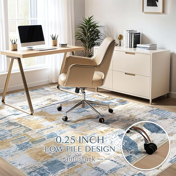 Abstract Living Room Rug 7x9 - Modern Washable Soft Thin Area Rug for Living Room Bedroom Under Dining Table - Neutral Indoor Floor Rug Carpets for Home Office Playroom Nursery - Blue Gold