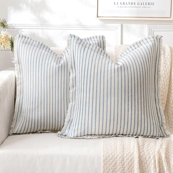 MIULEE Pack of 2 Light Blue Pillow Covers 18x18 Inch Striped Farmhouse Couch Spring Throw Pillow Covers with Fringe Chic Cotton Decorative Cushion Covers for Sofa Living Room Bed Outdoor Home Decor