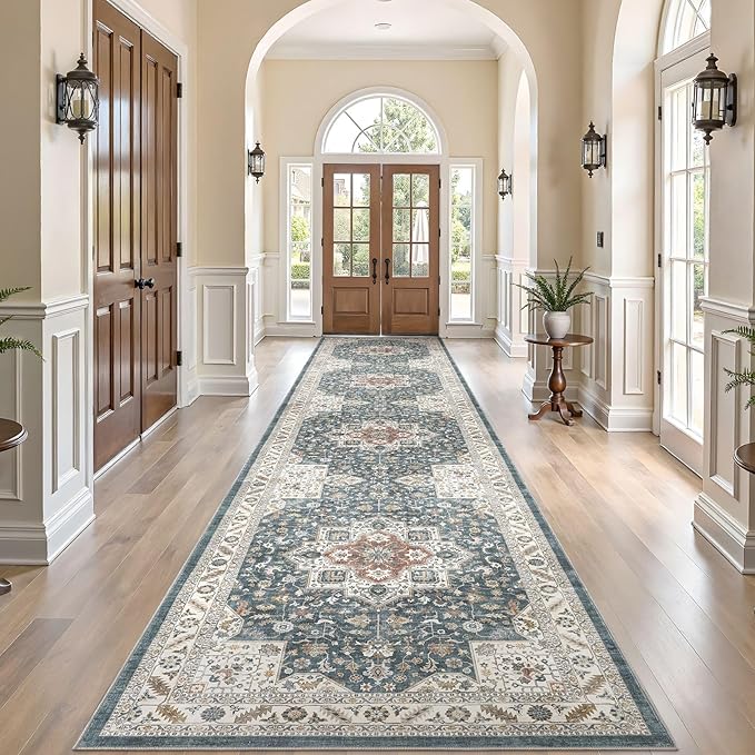 Vintage Hallway Runner Rug 3x14: Large Soft Washable Entryway for Kitchen Laundry Room Non-Slip Backing Runner for Entrance Living Room Bedroom Bathroom - Vintage Blue