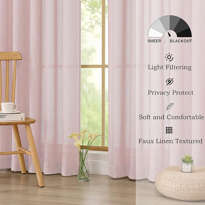 Simplebrand Blush Semi Sheer Faux Linen Textured Curtains 54 Inch Length 2 Panels Set, Rod Pocket Farmhouse Short Curtain Drapes for Dinning Small Windows Bathroom Bedroom, Each 40Wx54L in, Blush