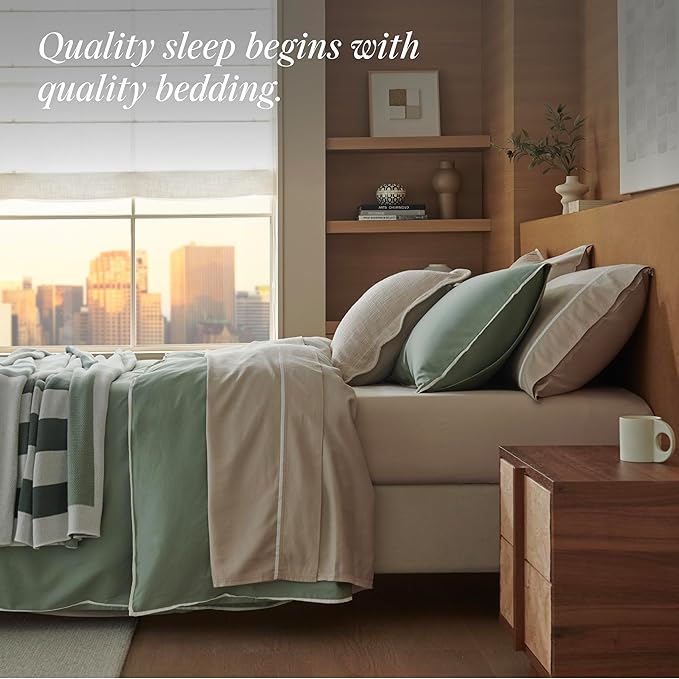 Double Stitch Cotton Tencel Duvet Cover - King Size Comforter Cover, Luxury & Soft Eucalyptus Lyocell Bedding Set for Hot Sleepers, Cooling & Breathable, Button Closure, Sage Green Contrast, 106"x90"