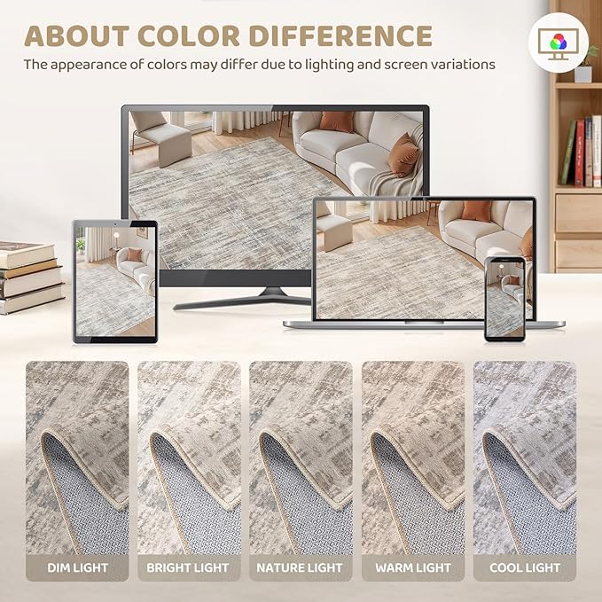 Area Rug for Living Room: 9x12 Washable Neutral Abstract Modern Soft Rugs Non Slip Indoor Floor Stain Resistant Large Carpet for Bedroom Dining Room Office Nursery - Brown