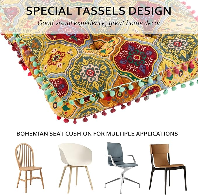 Bohemian Seat Cushion，Indoor & Outdoor 16.5" x 16.5" Seating Cushion for Dinning Chairs, Decorative with Tassels(4Pcs, Yellow)