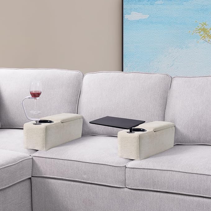 Multifunctional Removable Sofa Armrest with Cup Holder, Couch Armrest with Wireless Charge Stand, Couch Caddy with Storage,Equipped with LED Reading Light, Almond