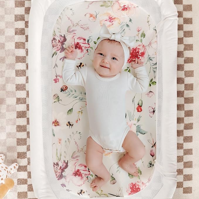Stretch Ultra Soft Fitted Bassinet Sheet Set 3 Pack, Universal Fit for Bassinets Baby Cradle Moses Basket Oval Rectangle Mattress Safe and Snug, Beautiful Flowers and Insects Pattern for Baby Girls