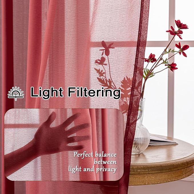 MAIHER Burgundy Red Pinch Pleat Sheer Curtains 84 Inches Long for Bedroom Soft Touch Light Filtering Lightweight Pleated Drapes with Hooks, Burgundy, 42" W x 84" L, 2 Panels